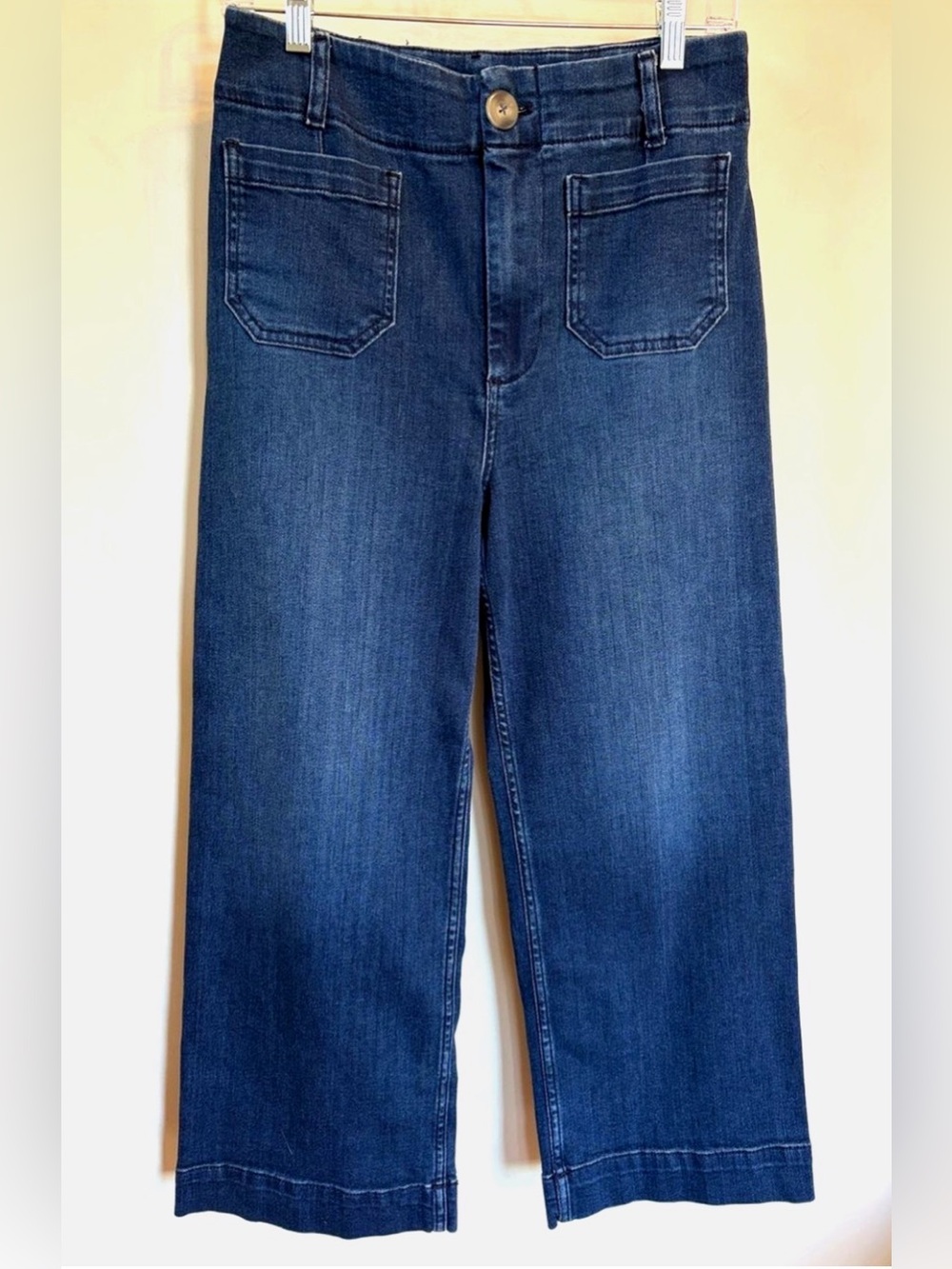Pilcro High Rise Wide Leg Crop Jeans 28 Blue Patch Pocket Stretch Denim
